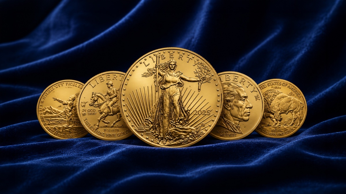 Gold American Eagle and sovereign gold coins on blue velvet
