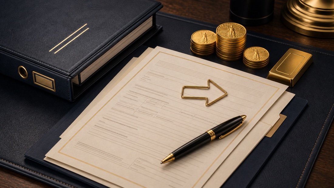Gold investment documents with coins and a gold bar