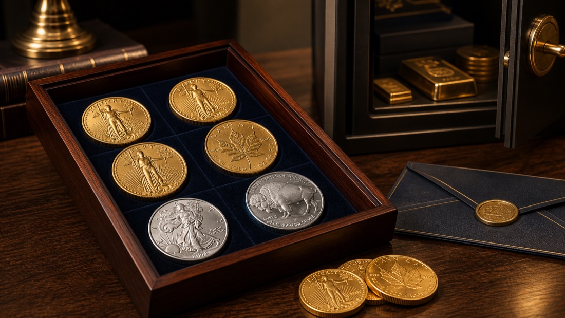 Display case of gold and silver coins