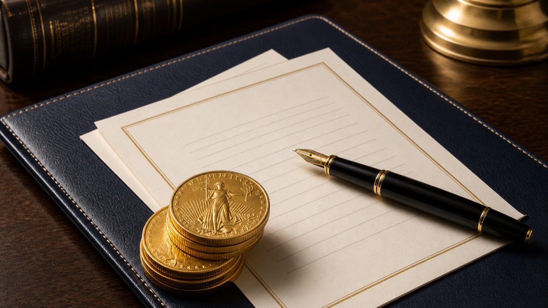 Self-directed Gold IRA paperwork with gold coins and a pen